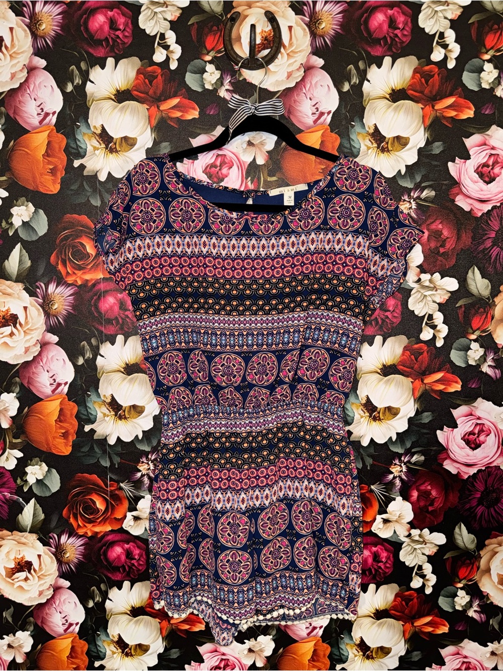 Miami Bohemian Patterned Navy and Pink Short Sleeve Women's Romper, Size Medium